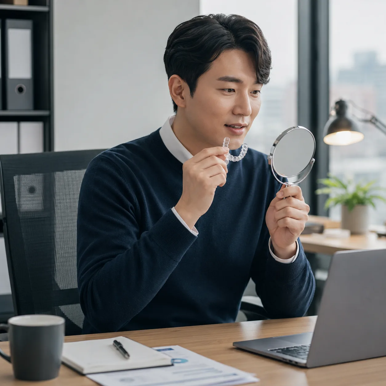 직장인 성인 치아교정 투명교정 장치 확인 모습