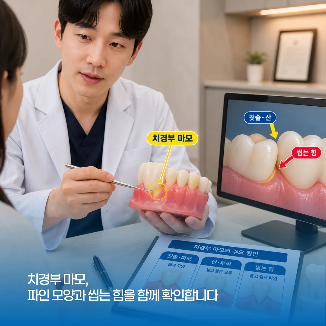 상담실에서 구강 모형으로 치경부 마모 부위와 씹는 힘의 방향을 설명하는 장면