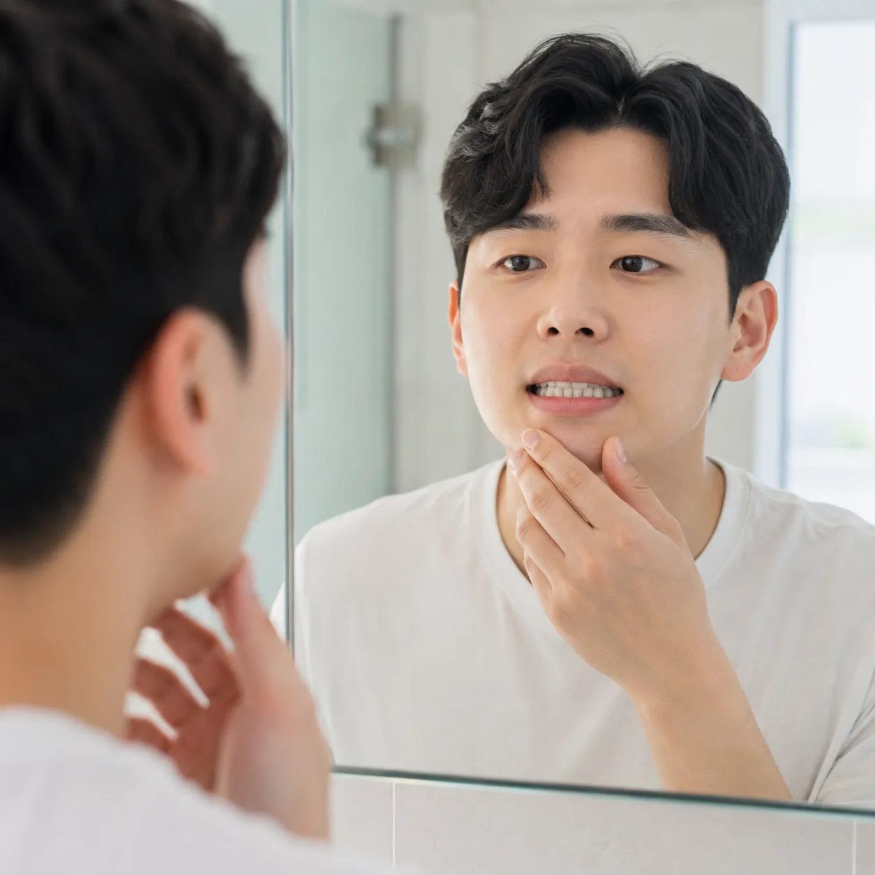 위아래 앞니의 맞물림을 거울로 확인하는 모습