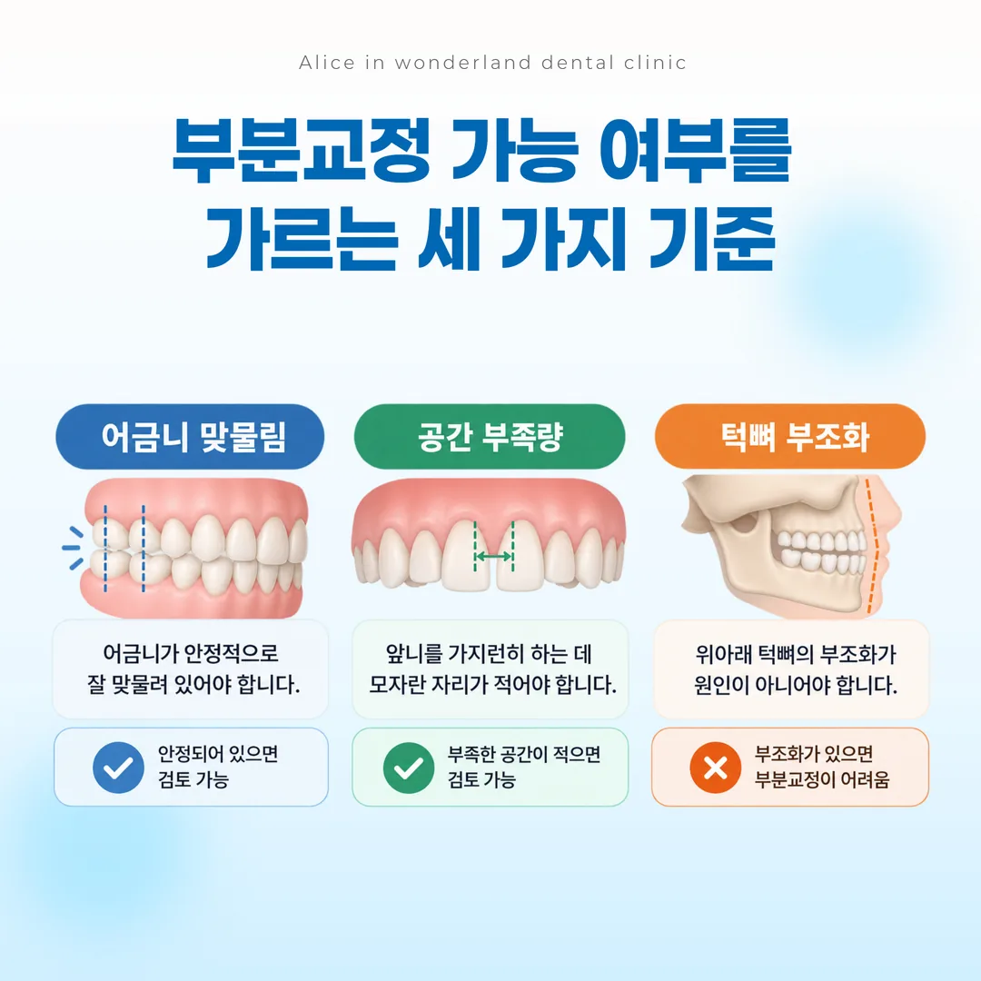 부분교정 가능 여부를 가르는 세 가지 판단 축 개념도