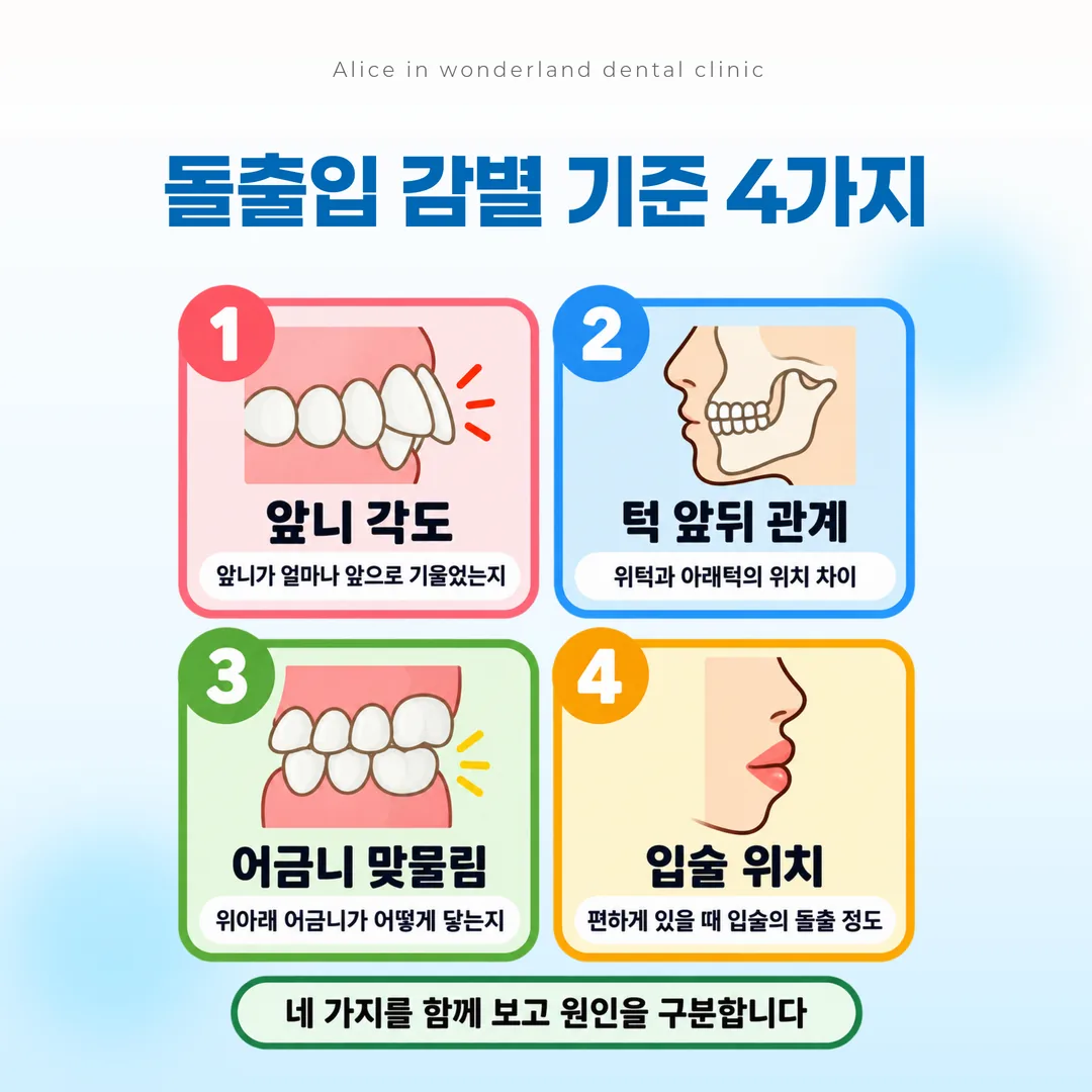 교정 진단에서 보는 네 가지 관찰 항목과 판단 순서를 정리한 도표