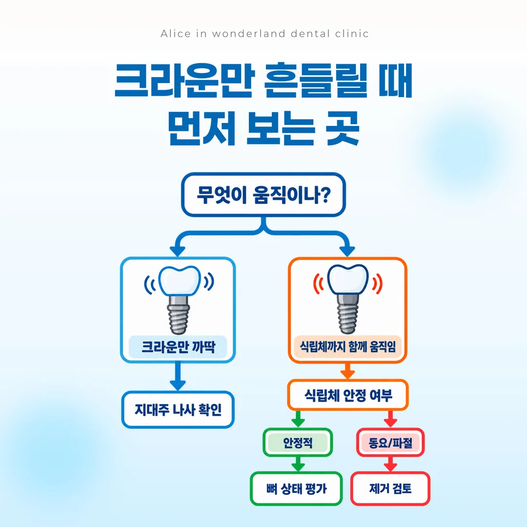 임플란트 흔들림이 지대주 나사 풀림과 식립체 동요 두 갈래로 갈리는 판별 흐름도