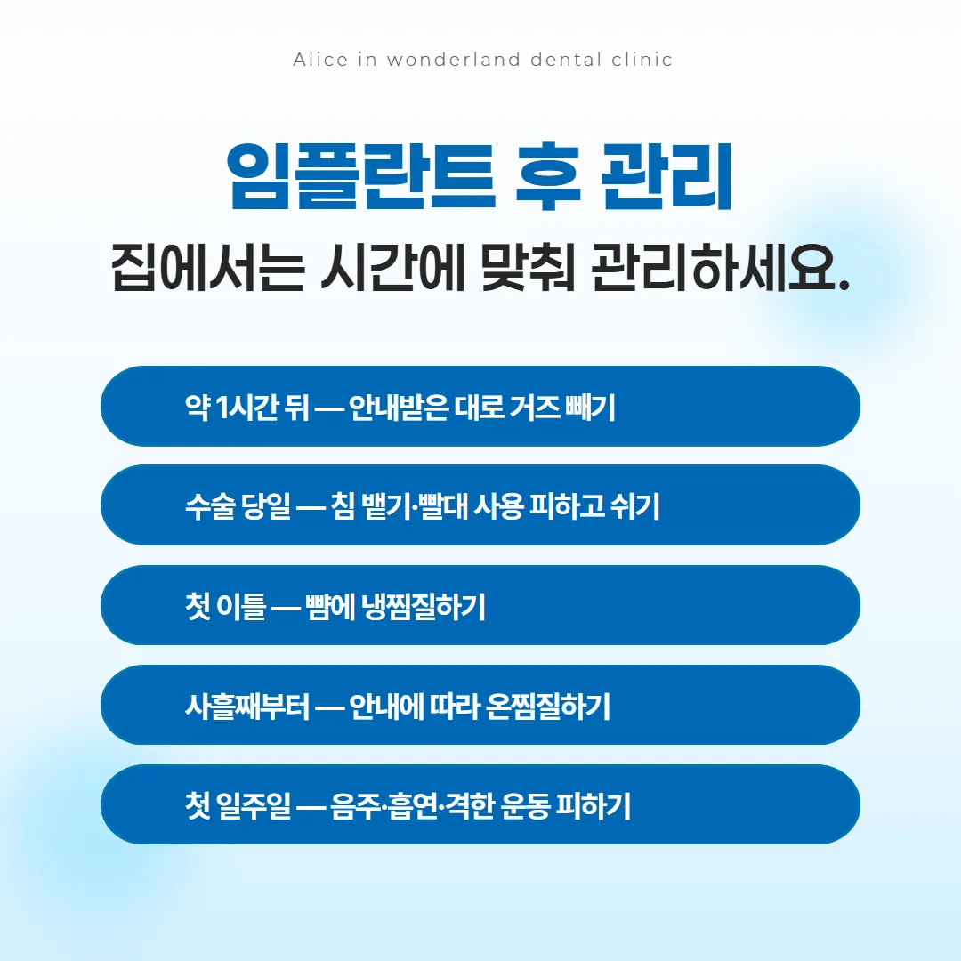 임플란트 수술 뒤 집에서 지키는 관리 순서를 정리한 카드