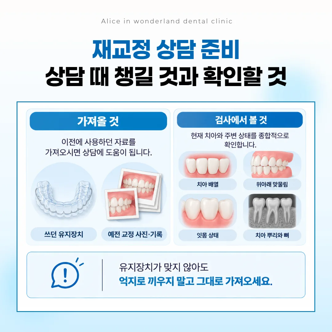 재교정 상담 때 챙길 것과 검사에서 확인하는 항목 카드
