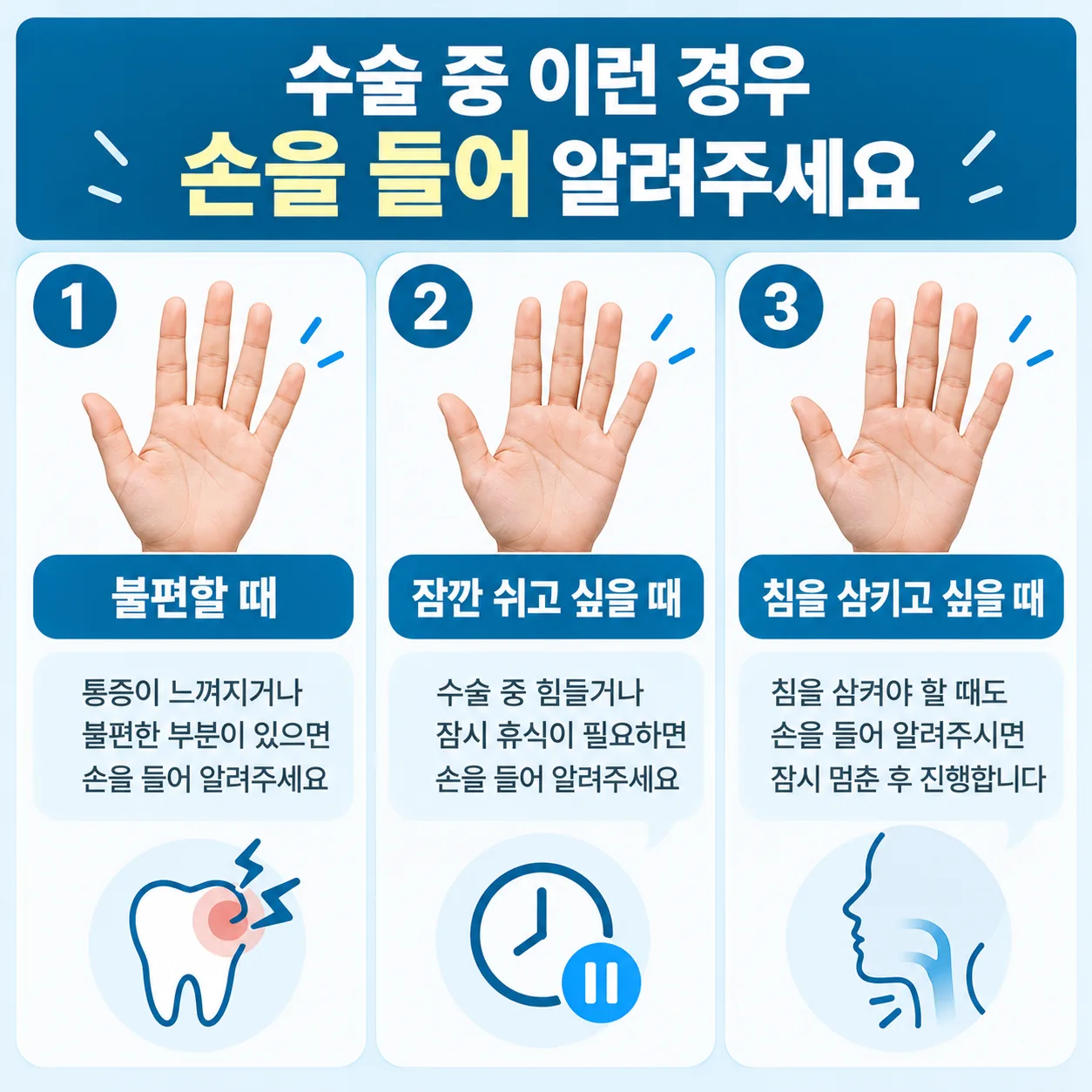 임플란트 수술 중 손을 들어 불편을 알리는 신호 약속 카드 그림