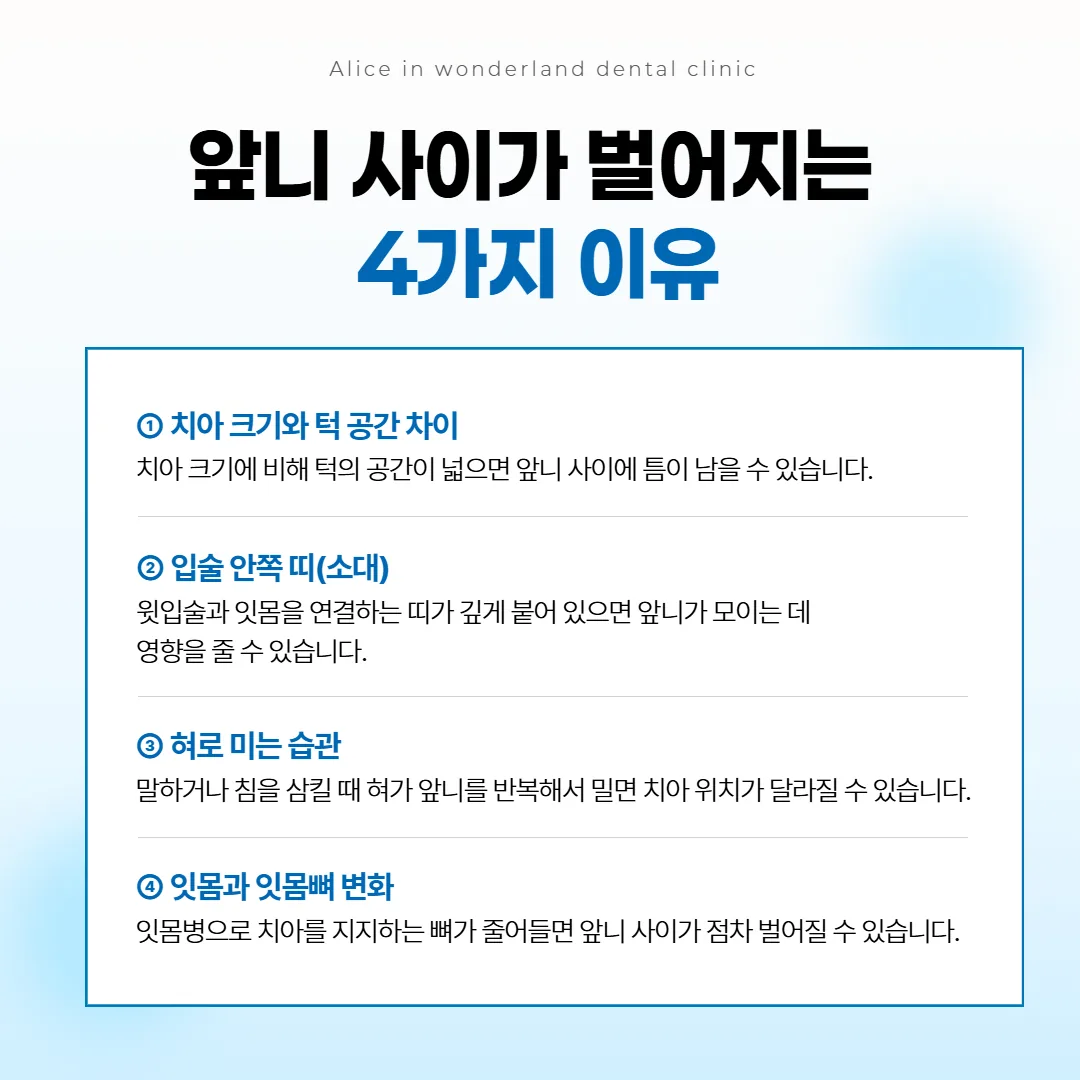앞니 사이 틈이 생기는 네 가지 이유를 네 칸으로 나눈 설명 그림