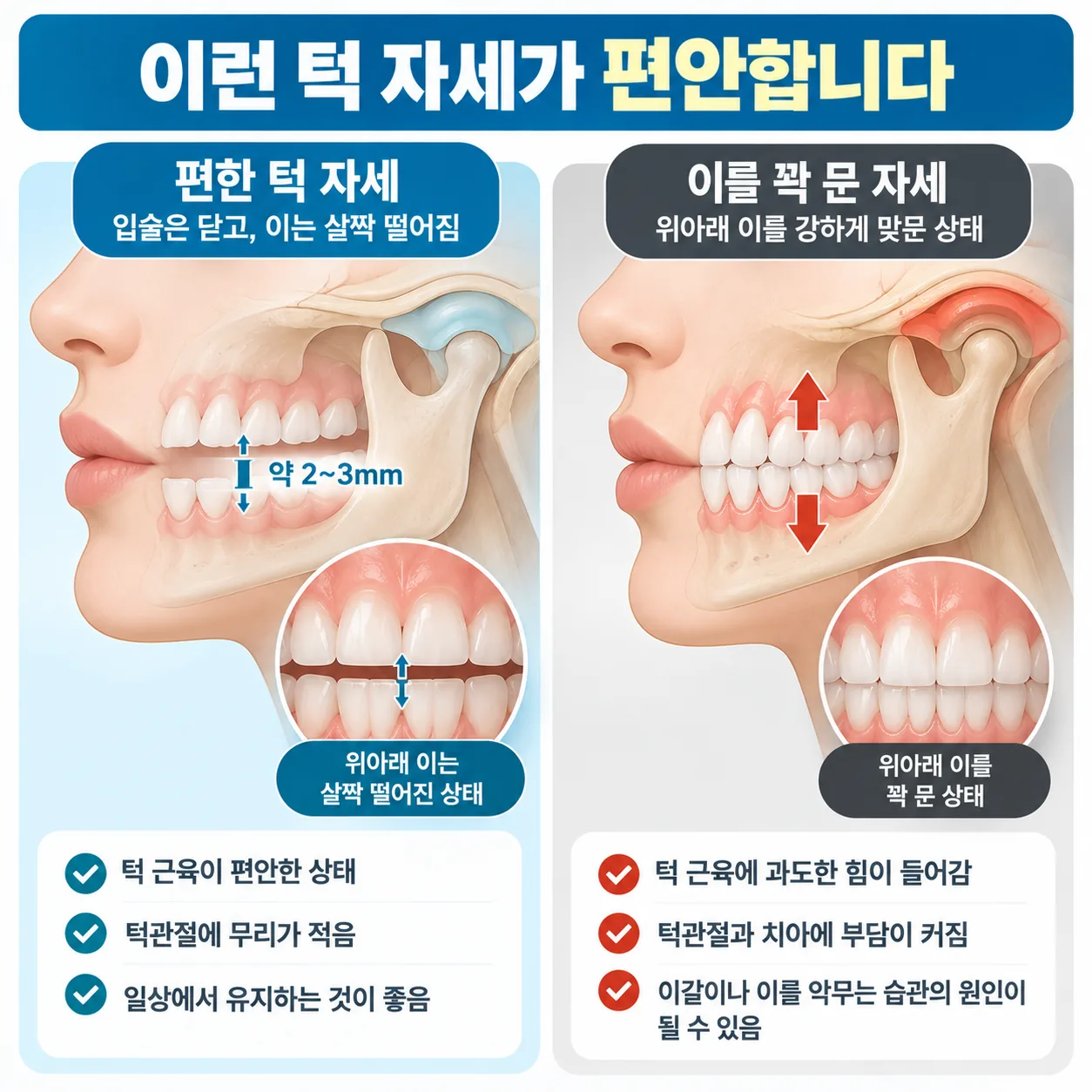 입술은 닫고 위아래 이를 살짝 떼는 편한 턱 자세 그림