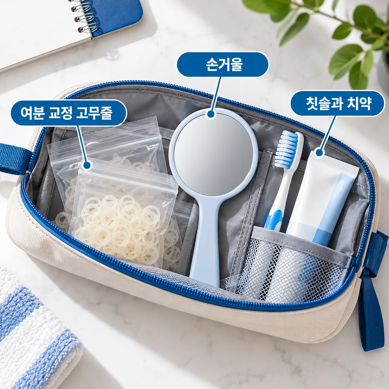 외출할 때 챙기는 여분 교정 고무줄과 거울, 칫솔 파우치 그림