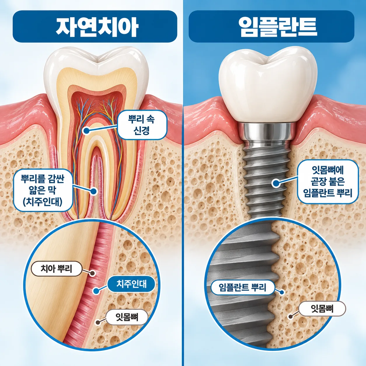 뿌리 속 신경과 감싸는 막이 있는 자연치아와 잇몸뼈에 곧장 붙은 임플란트의 단면 비교 그림
