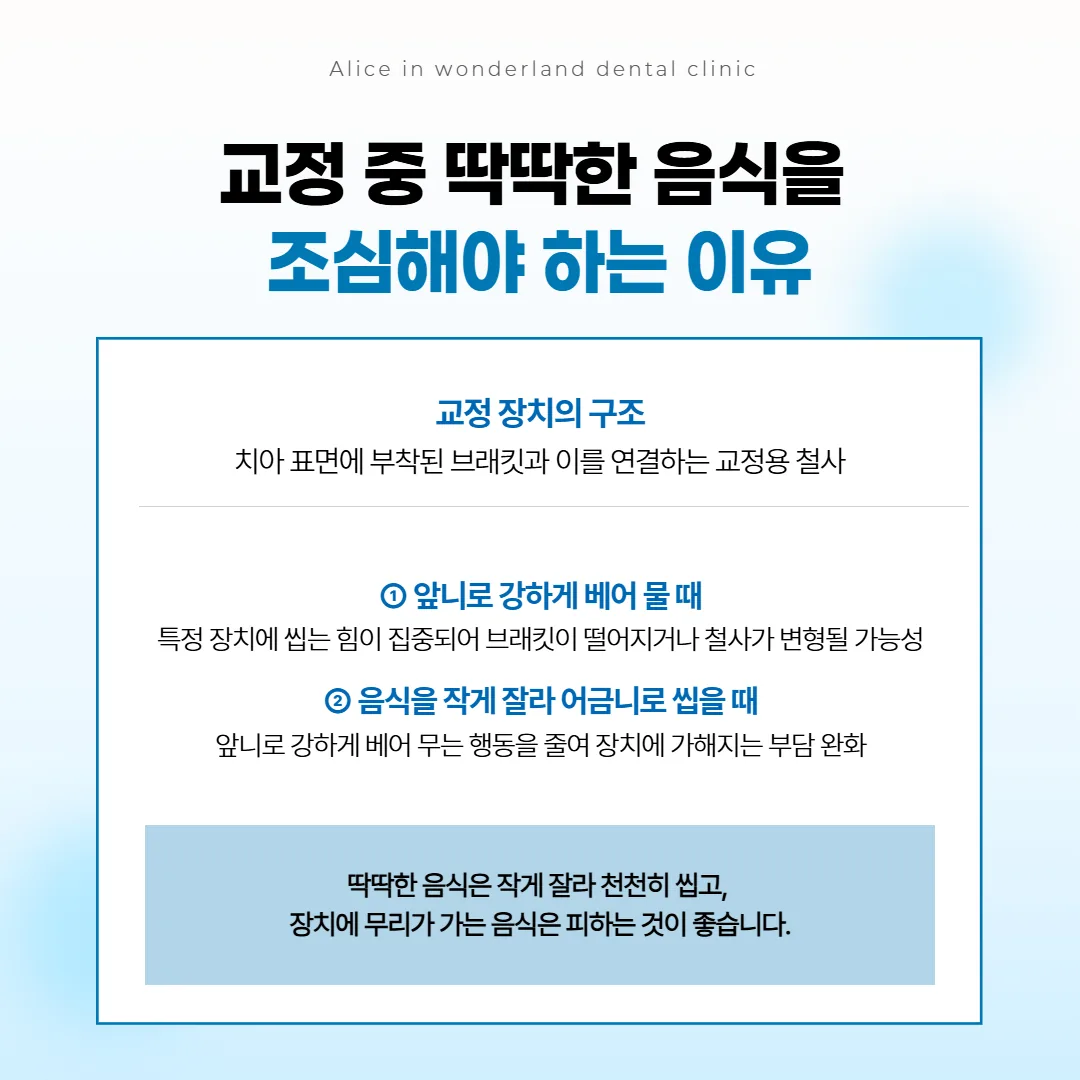 치아에 붙인 교정 장치와 철사, 씹는 힘이 실리는 방향을 나타낸 그림